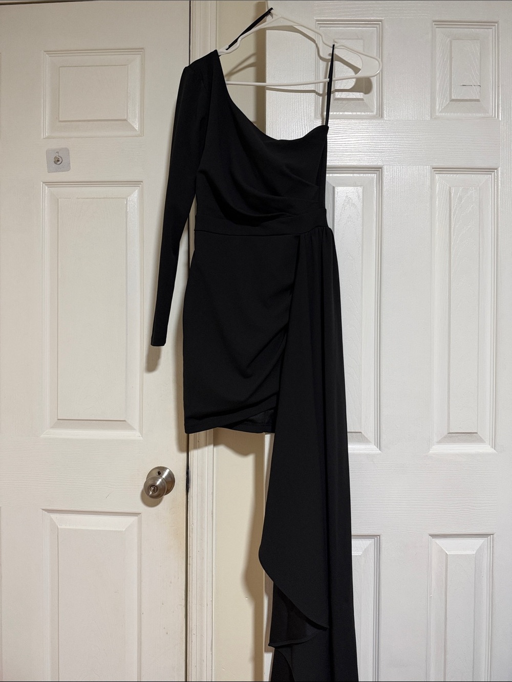 Windsor One-Shoulder Black Asymmetrical Mini Dress with Draped Train